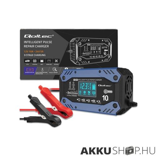 Qoltec Okostöltő STD AGM GEL Akkumulátorokhoz Helyreállító funkcióval 12-24V 10A LCD 9 töltési fázis