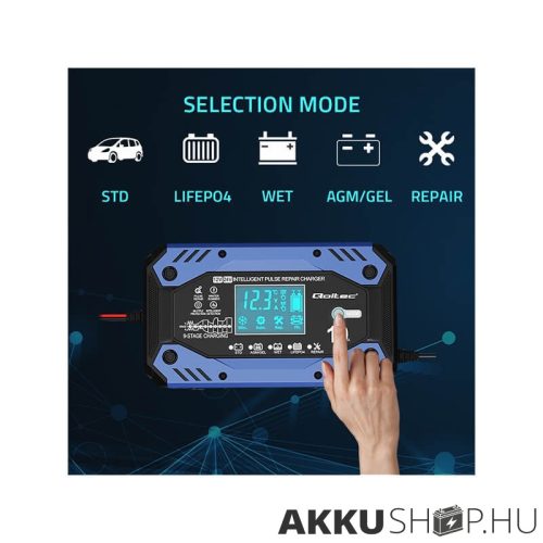 Qoltec Okostöltő STD AGM GEL Akkumulátorokhoz Helyreállító funkcióval 12-24V 10A LCD 9 töltési fázis