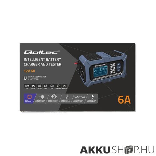 Qoltec Intelligens Akkumulátor töltő, Javitó + Teszter funkcióval 12V 6A LCD kijelző AGM LiFePO4 GEL