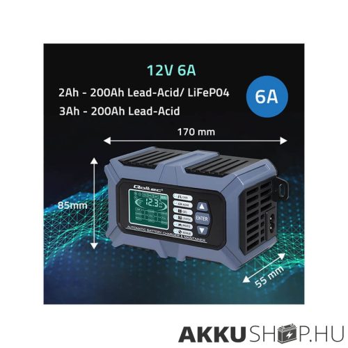 Qoltec Intelligens Akkumulátor töltő, Javitó + Teszter funkcióval 12V 6A LCD kijelző AGM LiFePO4 GEL