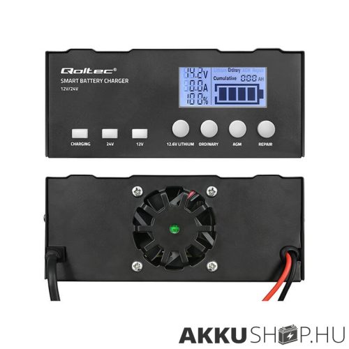 Qoltec Intelligens Akkumulátor töltő, 12V + 12.6V + 24V LCD kijelzős AGM, GEL, LiFePO4
