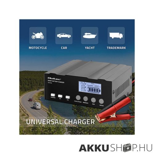 Qoltec Intelligens Akkumulátor töltő, 12V + 12.6V + 24V LCD kijelzős AGM, GEL, LiFePO4