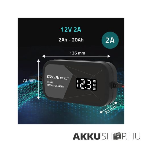 Qoltec Intelligens Akkumulátor töltő, 12V 2A AC/DC  LCD kijelzős AGM GEL