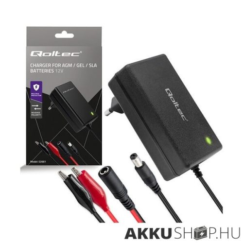 Qoltec akkumulátor töltő AGM GEL SLA 12V 2A 1,8m csipesz + 5,5x2,1 dugó