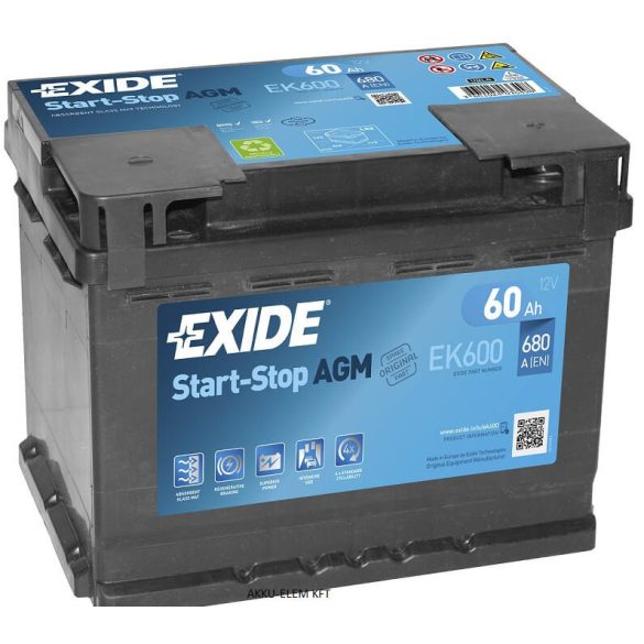 EXIDE Start-Stop AGM EK600 60Ah 680A 242x175x190mm